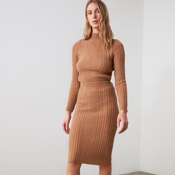 2 Piece Tan Knitwear Crew Neck Sweater Skirt Set - Picture 6 of 11